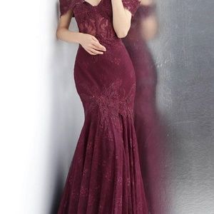 Jovani Off Shoulder Bordeaux Prom Dress